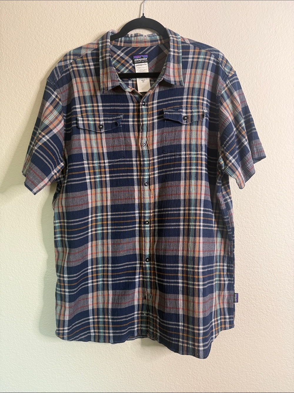 Patagonia Men’s Short-Sleeve Plaid Button-Down Shirt - Navy, Blue, Tan XXL